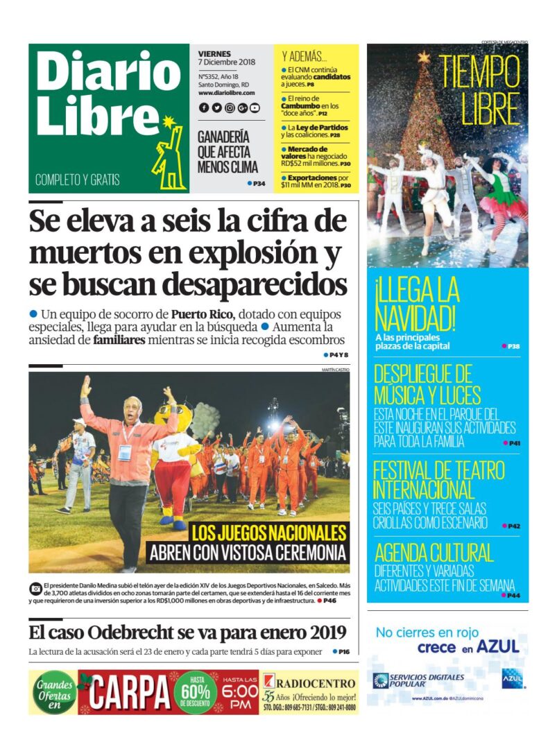 Portada Periódico Diario Libre, Viernes 07 de Diciembre 2018