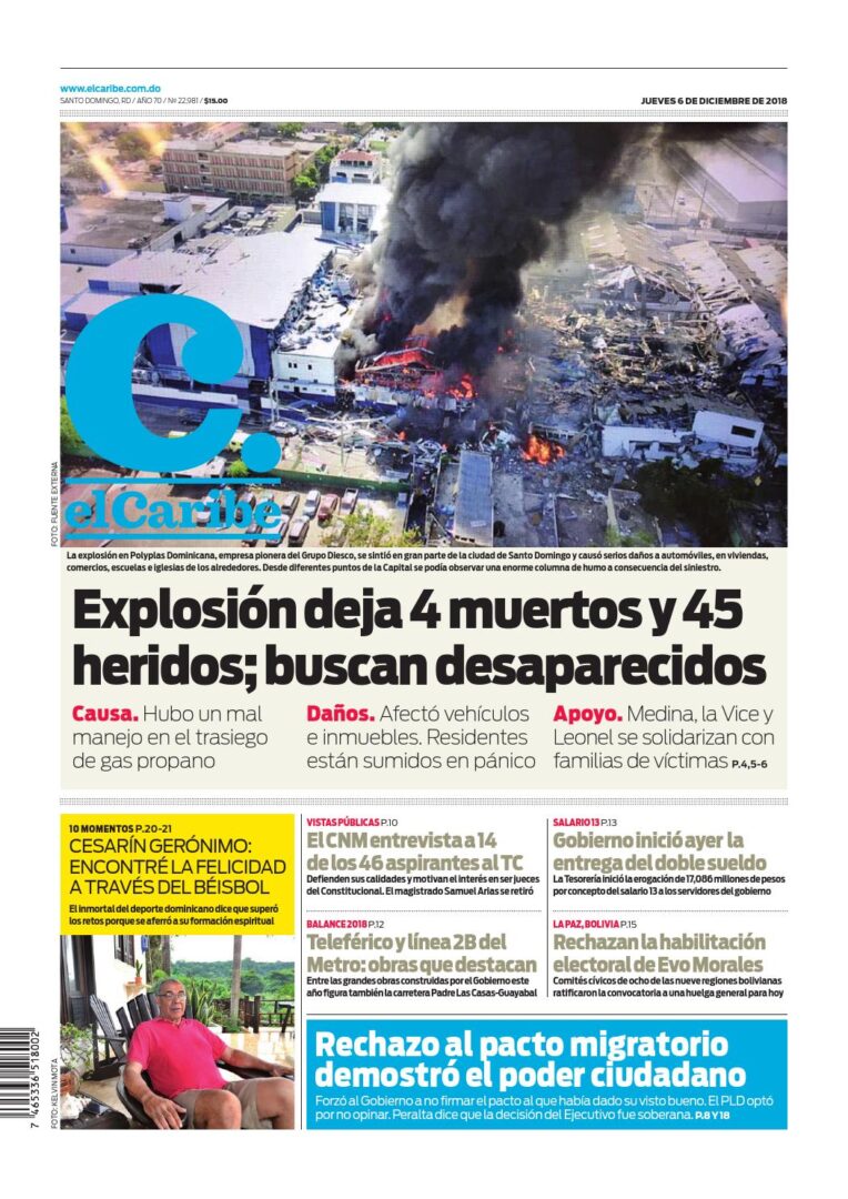 Portada Periódico El Caribe, Jueves 06 de Diciembre 2018