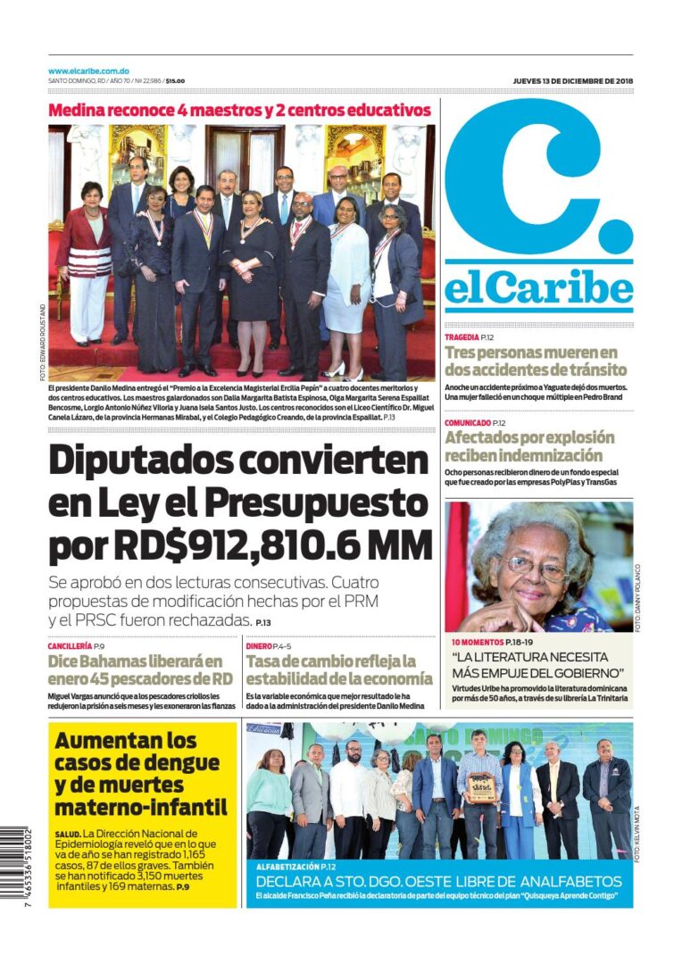 Portada Periódico El Caribe, Jueves 13 de Diciembre 2018