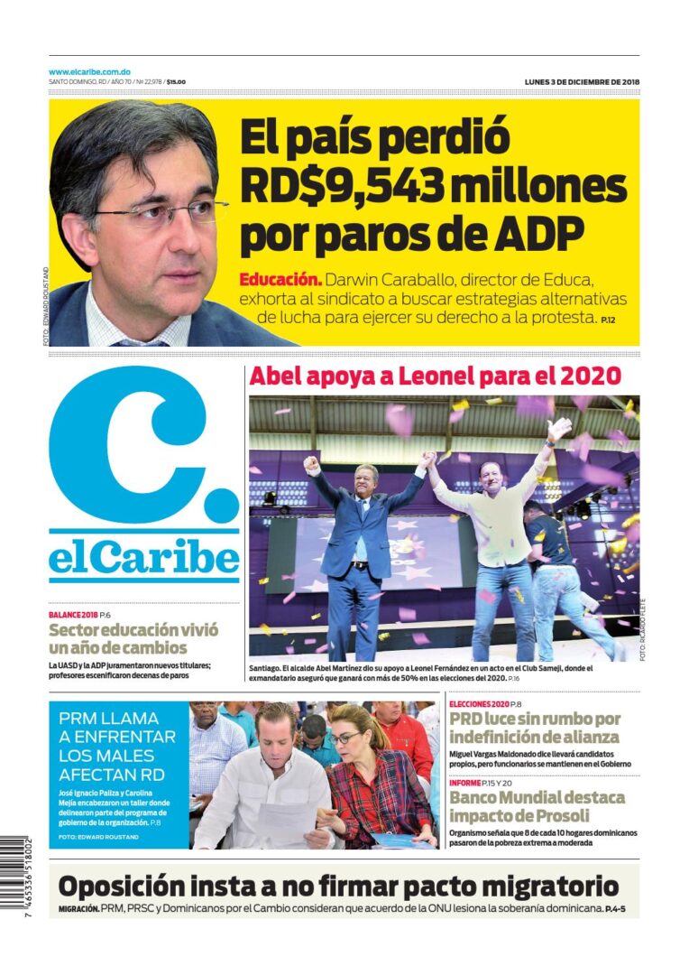 Portada Periódico El Caribe, Lunes 03 de Diciembre 2018
