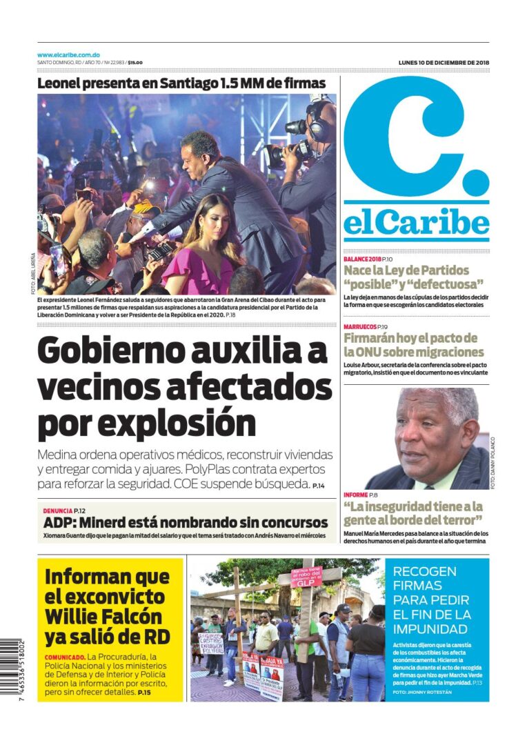 Portada Periódico El Caribe, Lunes 10 de Diciembre 2018