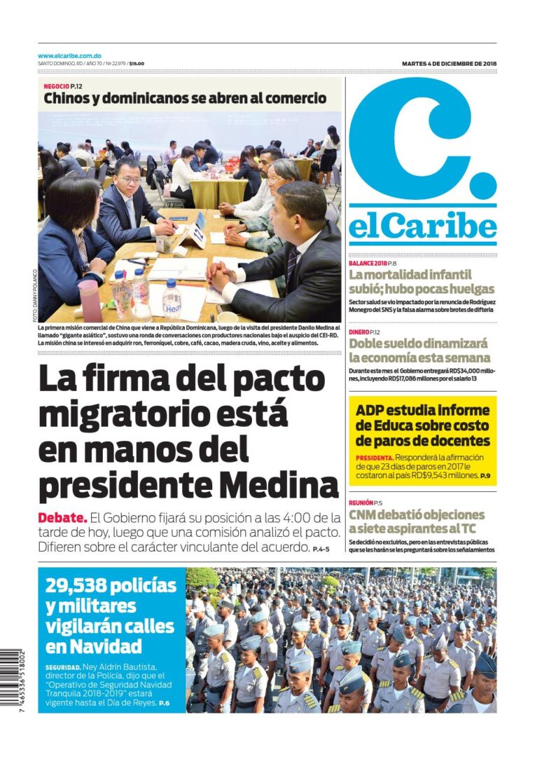 Portada Periódico El Caribe, Martes 04 de Diciembre 2018