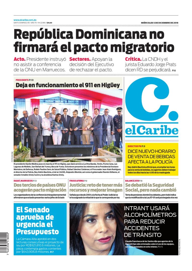Portada Periódico El Caribe, Miércoles 05 de Diciembre 2018