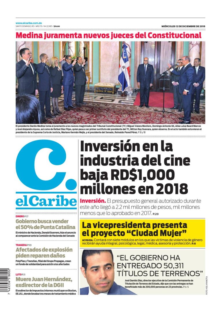 Portada Periódico El Caribe, Miércoles 12 de Diciembre 2018
