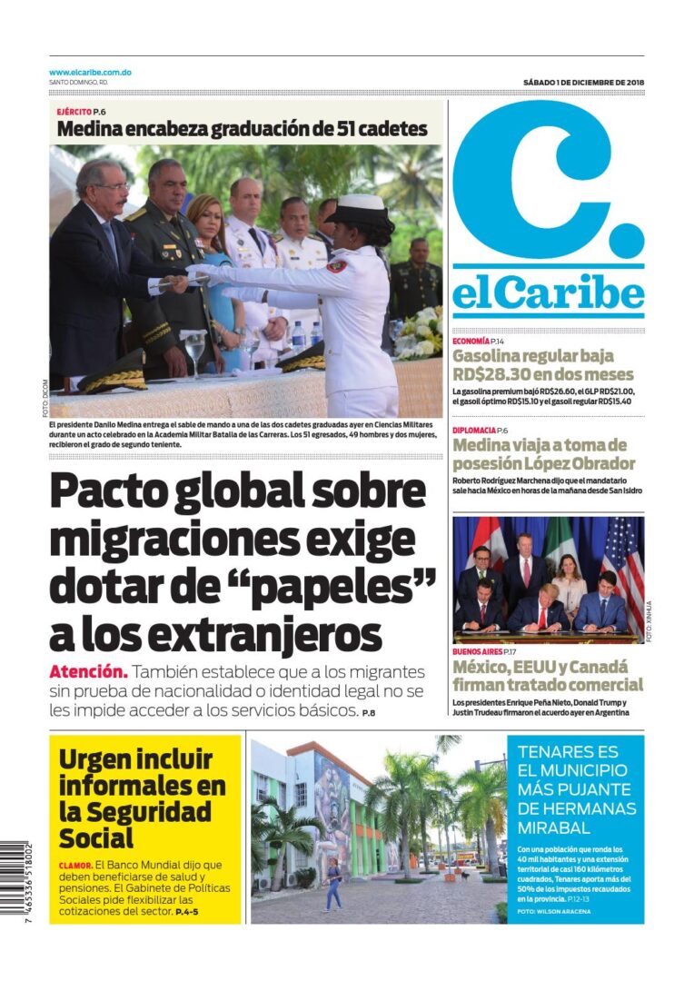 Portada Periódico El Caribe, Sábado 01 de Diciembre 2018