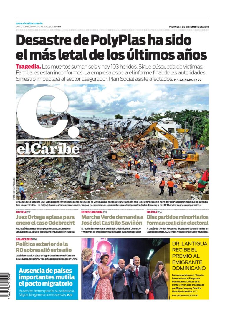 Portada Periódico El Caribe, Viernes 07 de Diciembre 2018