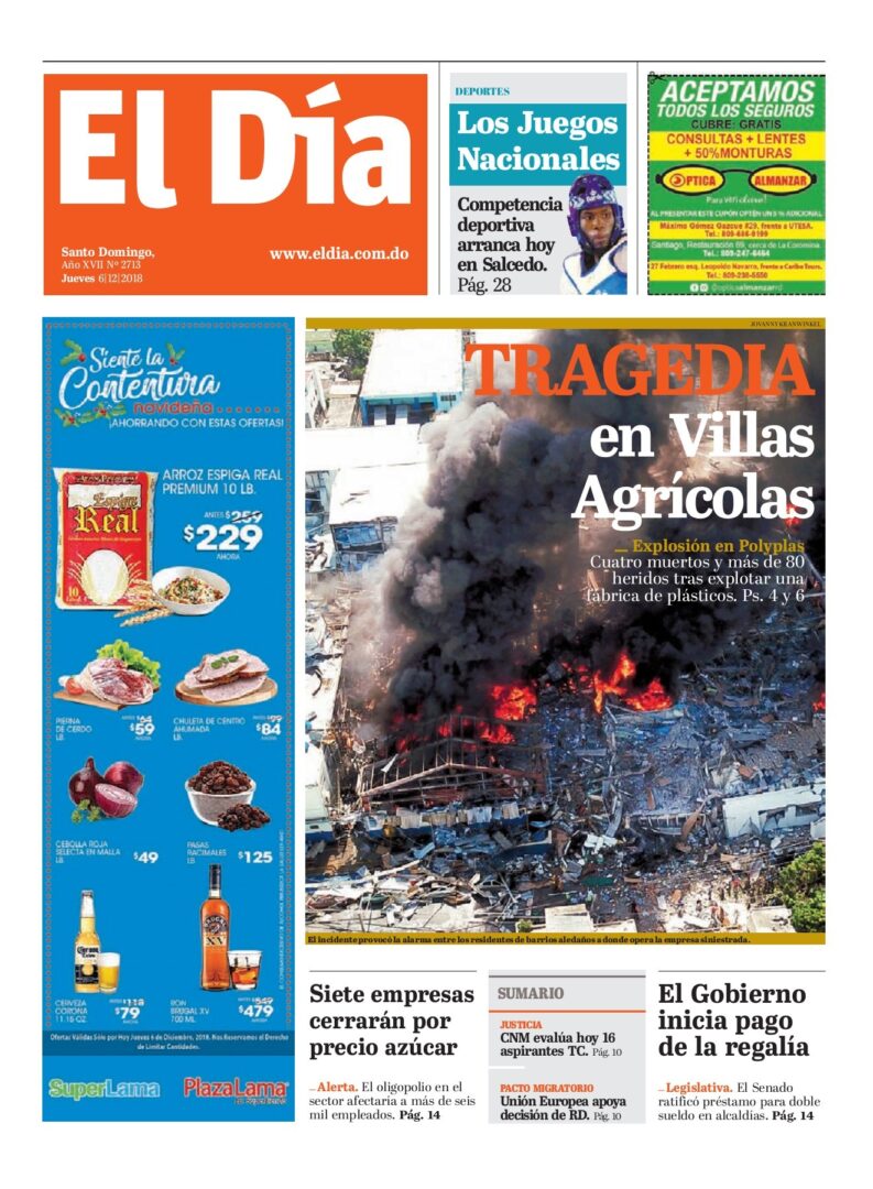 Portada Periódico El Día, Jueves 06 de Diciembre 2018
