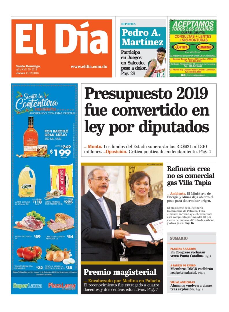 Portada Periódico El Día, Jueves 13 de Diciembre 2018