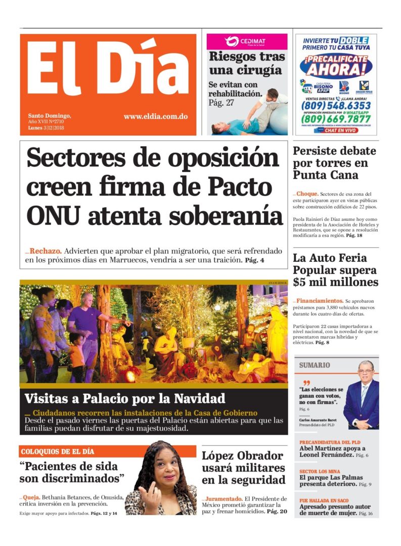Portada Periódico El Día, Lunes 03 de Diciembre 2018