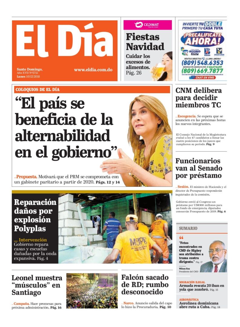 Portada Periódico El Día, Lunes 10 de Diciembre 2018