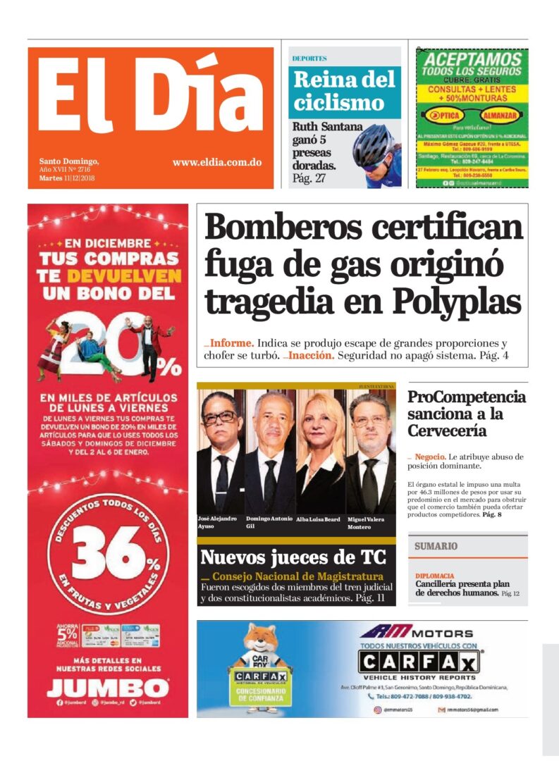 Portada Periódico El Día, Martes 11 de Diciembre 2018