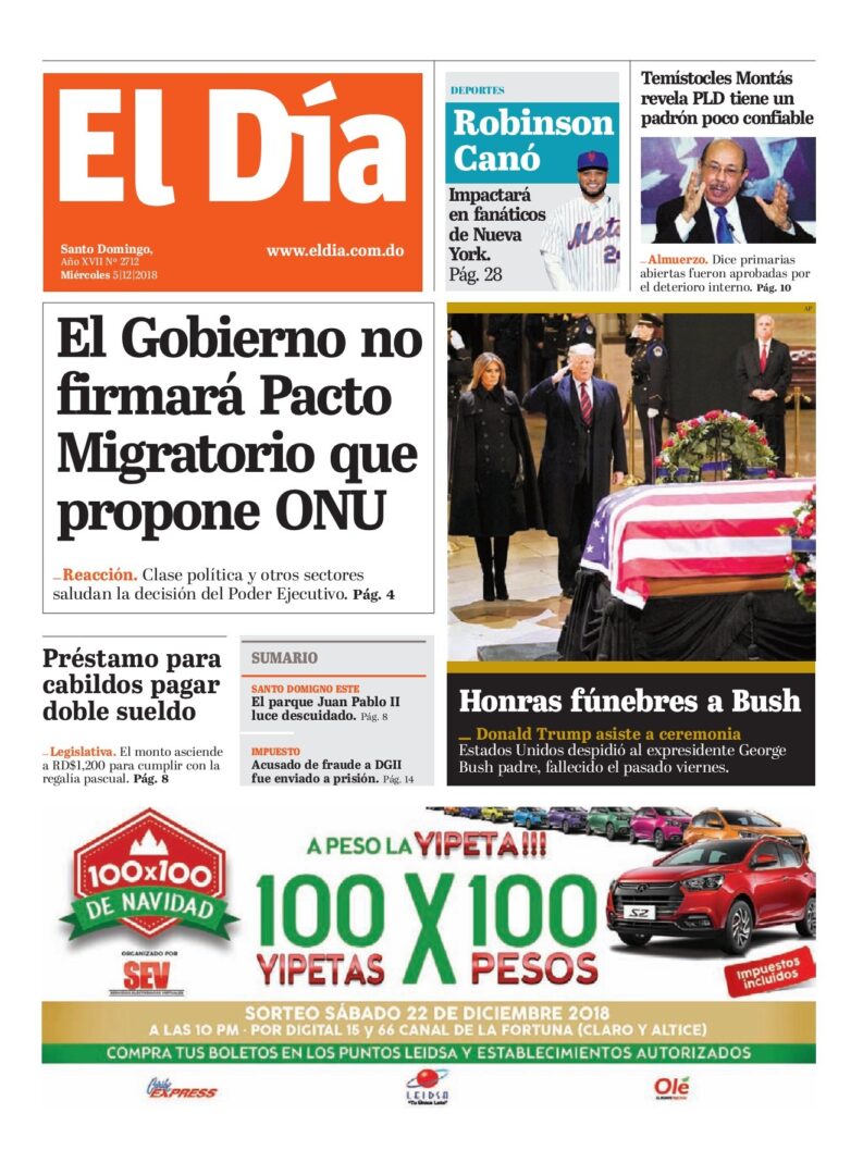 Portada Periódico El Día, Miércoles 05 de Diciembre 2018