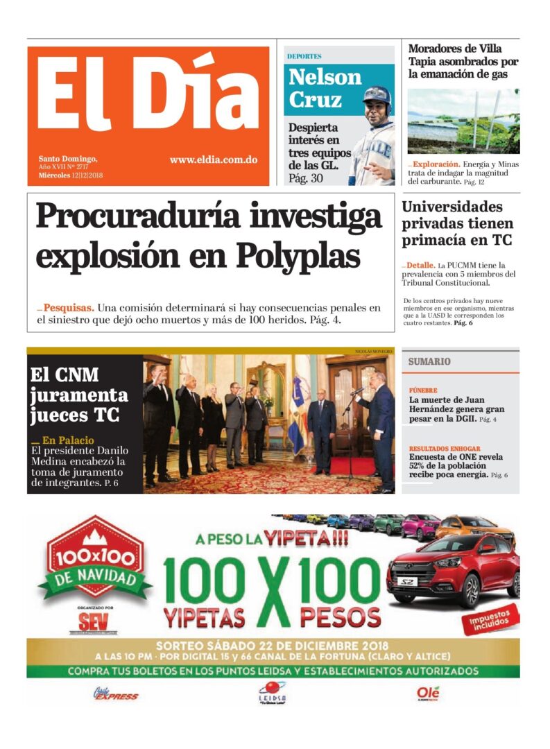 Portada Periódico El Día, Miércoles 12 de Diciembre 2018