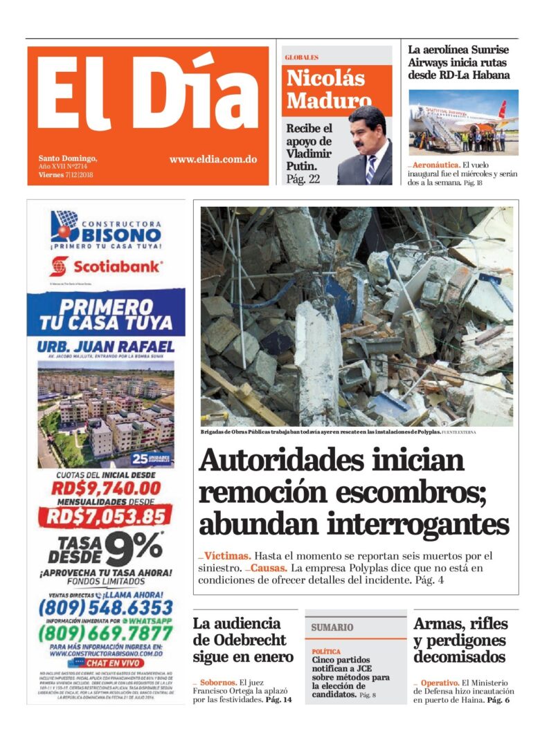 Portada Periódico El Día, Viernes 07 de Diciembre 2018