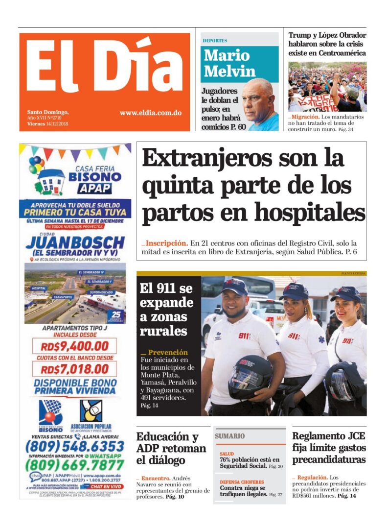 Portada Periódico El Día, Viernes 14 de Diciembre 2018
