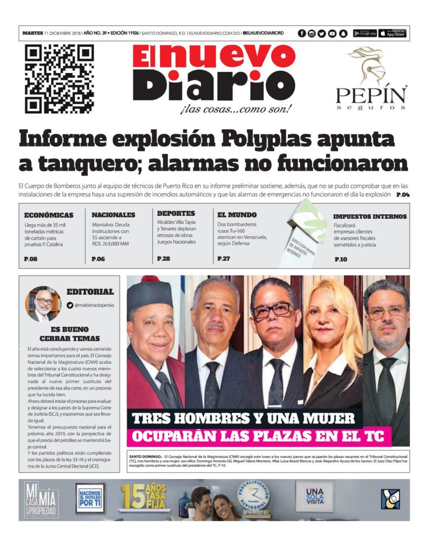 Portada Periódico El Nuevo Diario, Martes 11 de Diciembre 2018