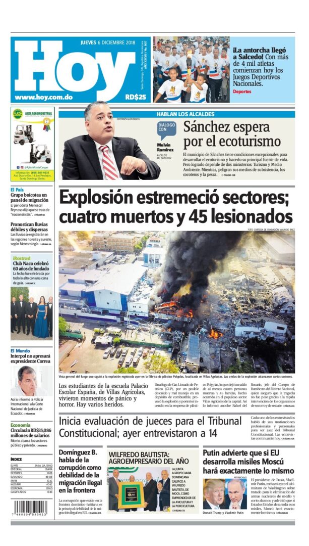 Portada Periódico Hoy, Jueves 06 de Diciembre 2018