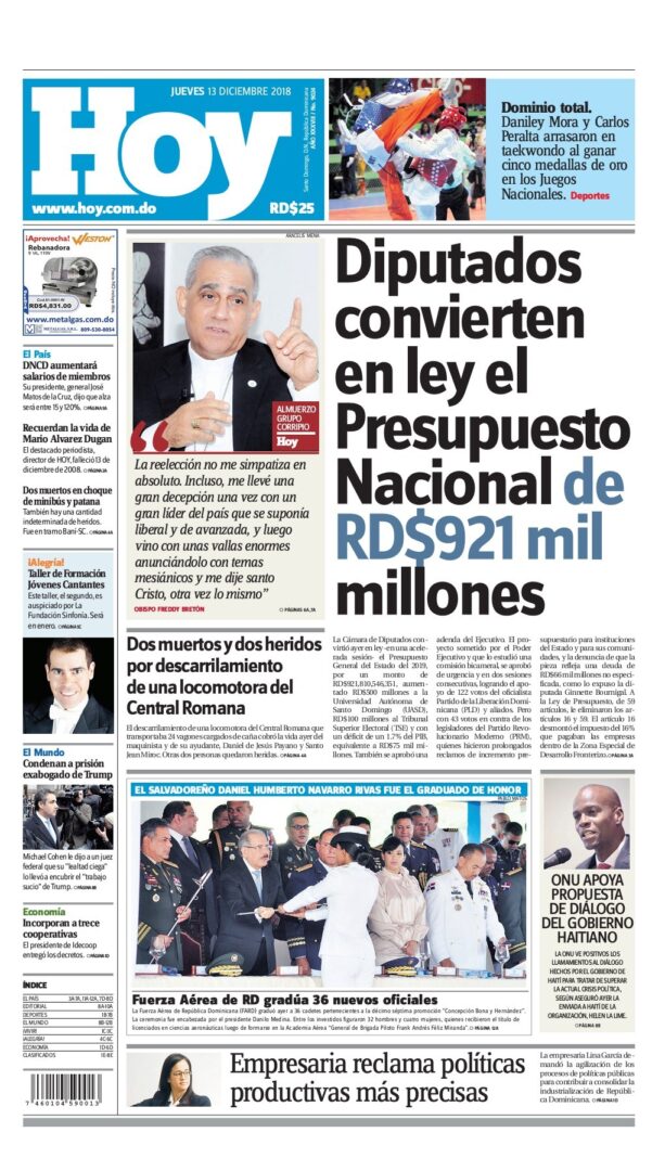 Portada Periódico Hoy, Jueves 13 de Diciembre 2018