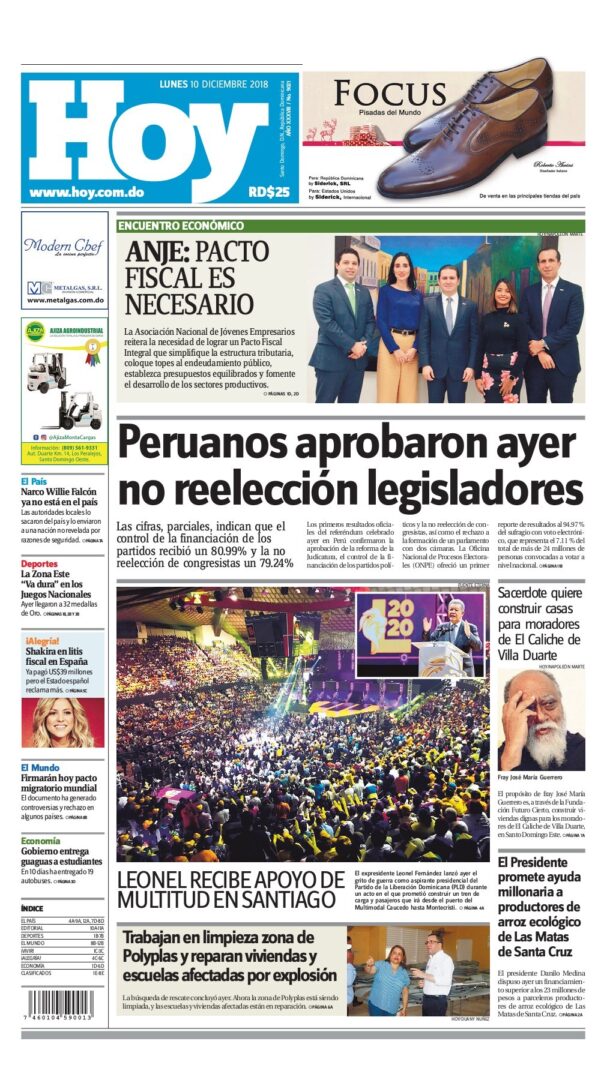Portada Periódico Hoy, Lunes 10 de Diciembre 2018