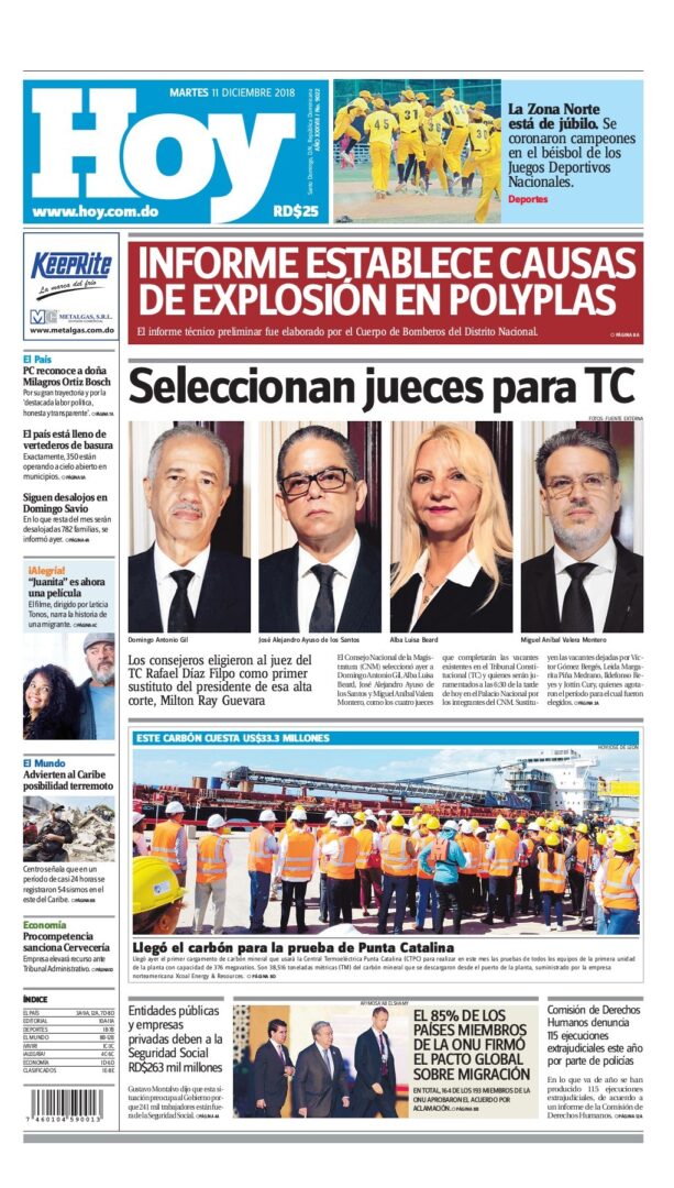 Portada Periódico Hoy, Martes 11 de Diciembre 2018