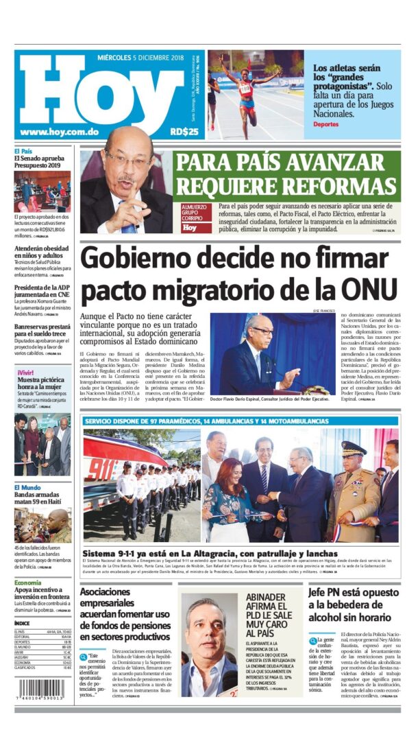 Portada Periódico Hoy, Miércoles 05 de Diciembre 2018