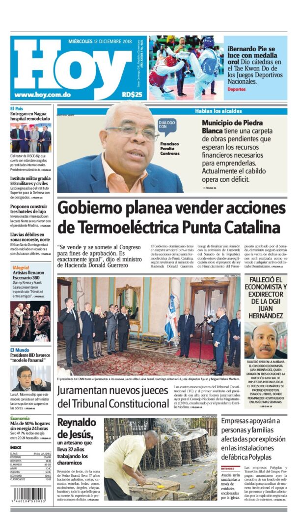 Portada Periódico Hoy, Miércoles 12 de Diciembre 2018