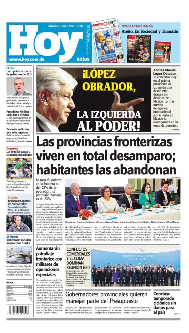 Portada Periódico Hoy, Sábado 01 de Diciembre 2018