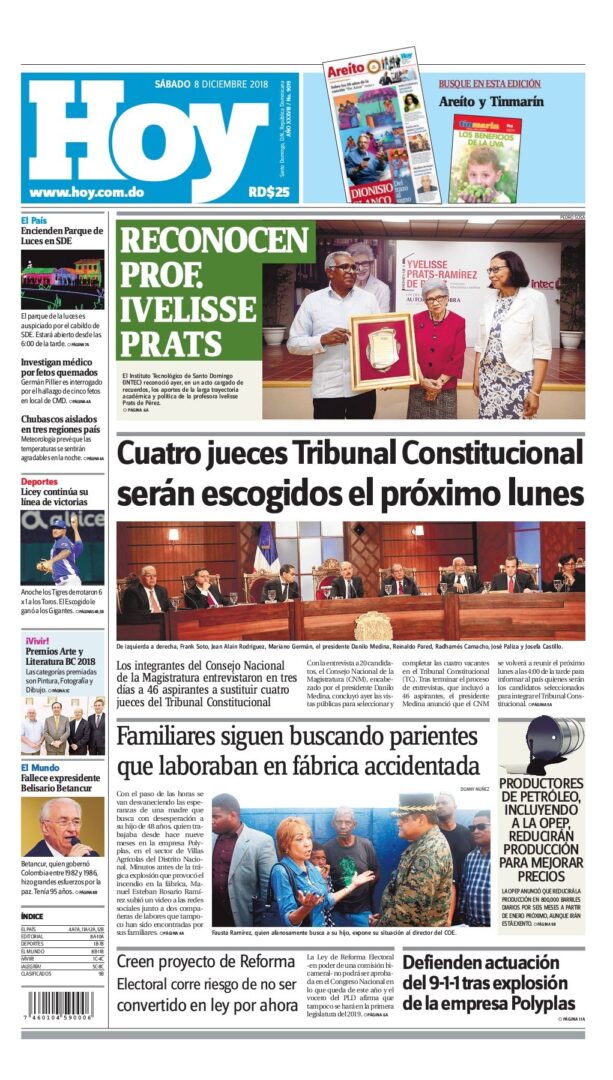 Portada Periódico Hoy, Sábado 08 de Diciembre 2018