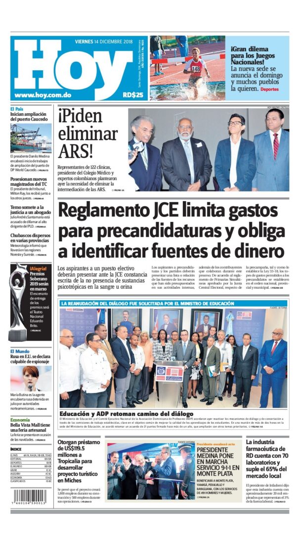 Portada Periódico Hoy, Viernes 14 de Diciembre 2018