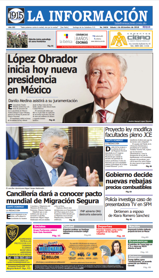 Portada Periódico La Información, Sábado 01 de Diciembre 2018