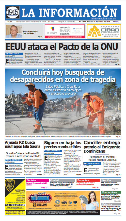 Portada Periódico La Información, Sábado 08 de Diciembre 2018
