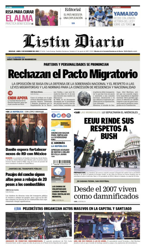 Portada Periódico Listín Diario, Lunes 03 de Diciembre 2018