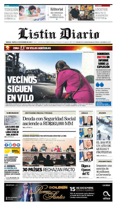 Portada Periódico Listín Diario, Martes 11 de Diciembre 2018
