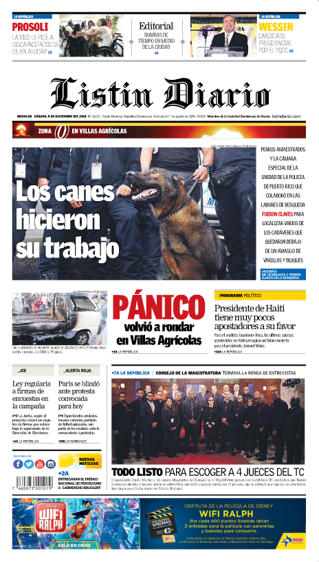 Portada Periódico Listín Diario, Sábado 08 de Diciembre 2018