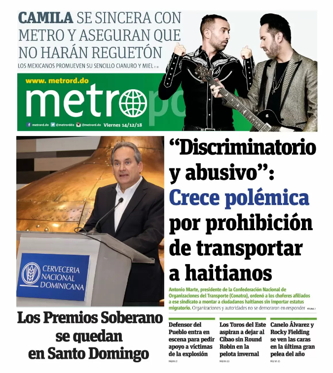 Portada Periódico Metro, Viernes 14 de Diciembre 2018