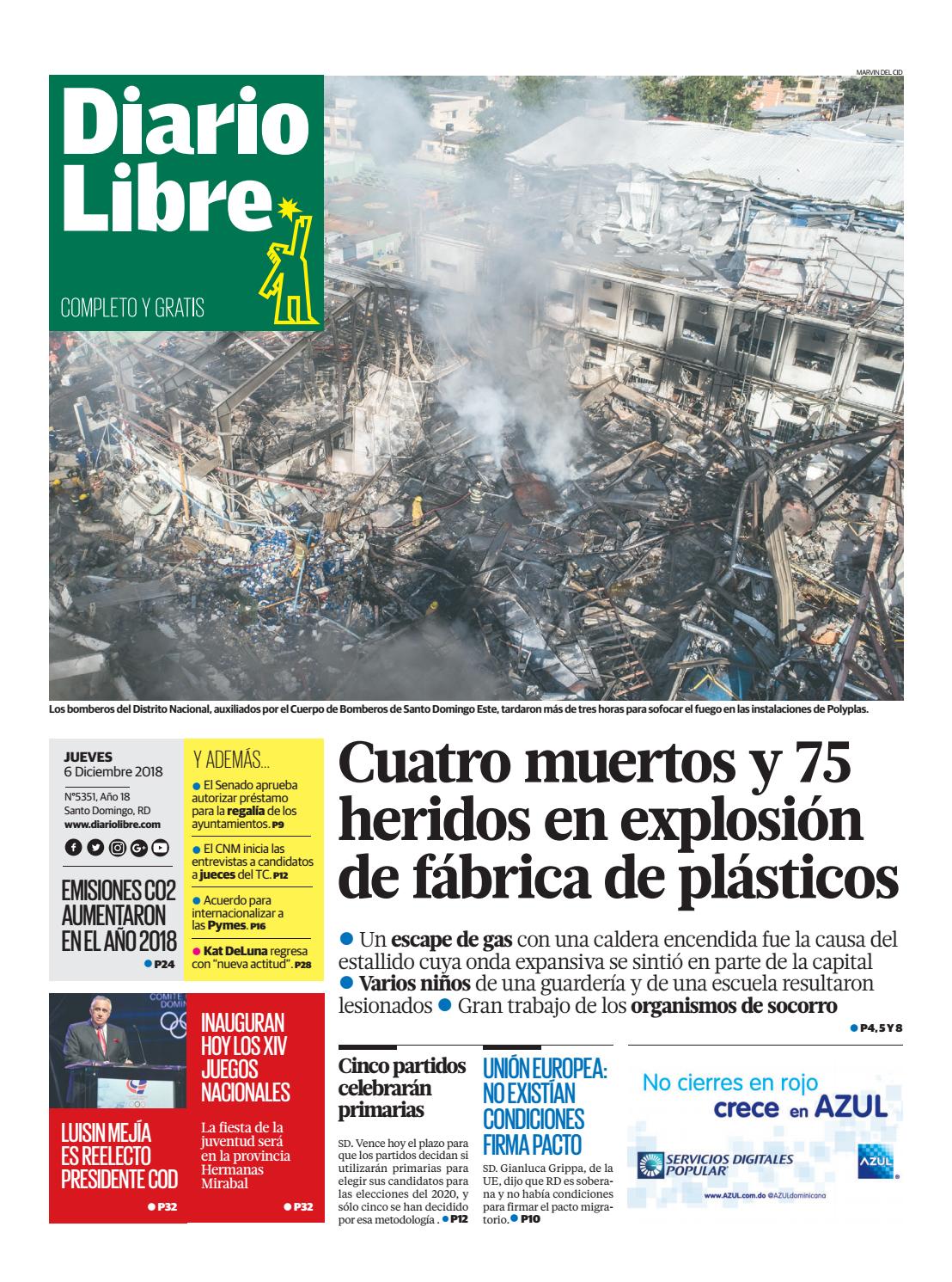 Portada Periódico Diario Libre, Jueves 06 de Diciembre 2018