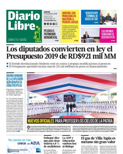 Portada Periódico Diario Libre, Jueves 13 de Diciembre 2018