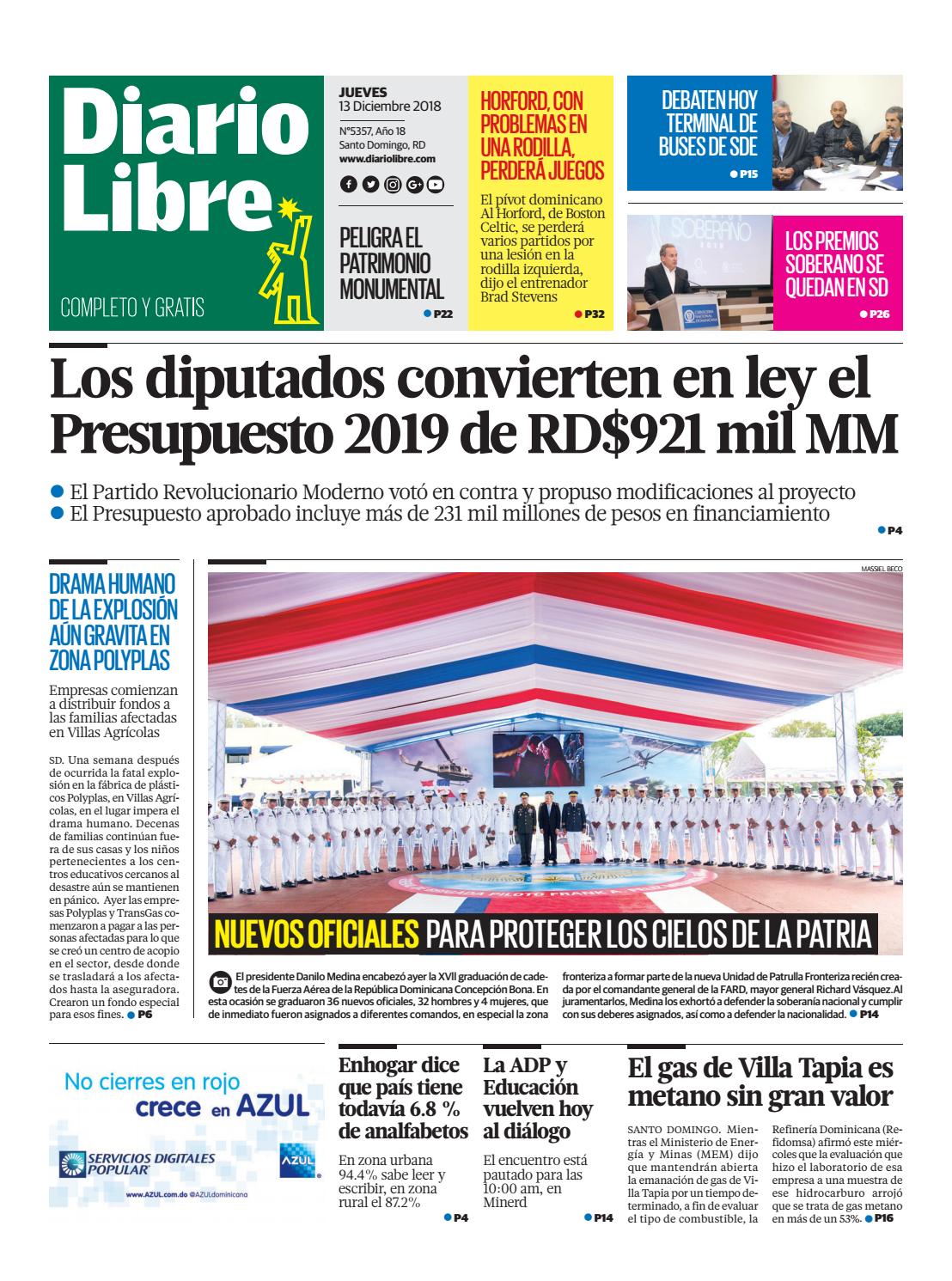 Portada Periódico Diario Libre, Jueves 13 de Diciembre 2018