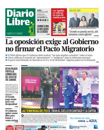 Portada Periódico Diario Libre, Lunes 03 de Diciembre 2018