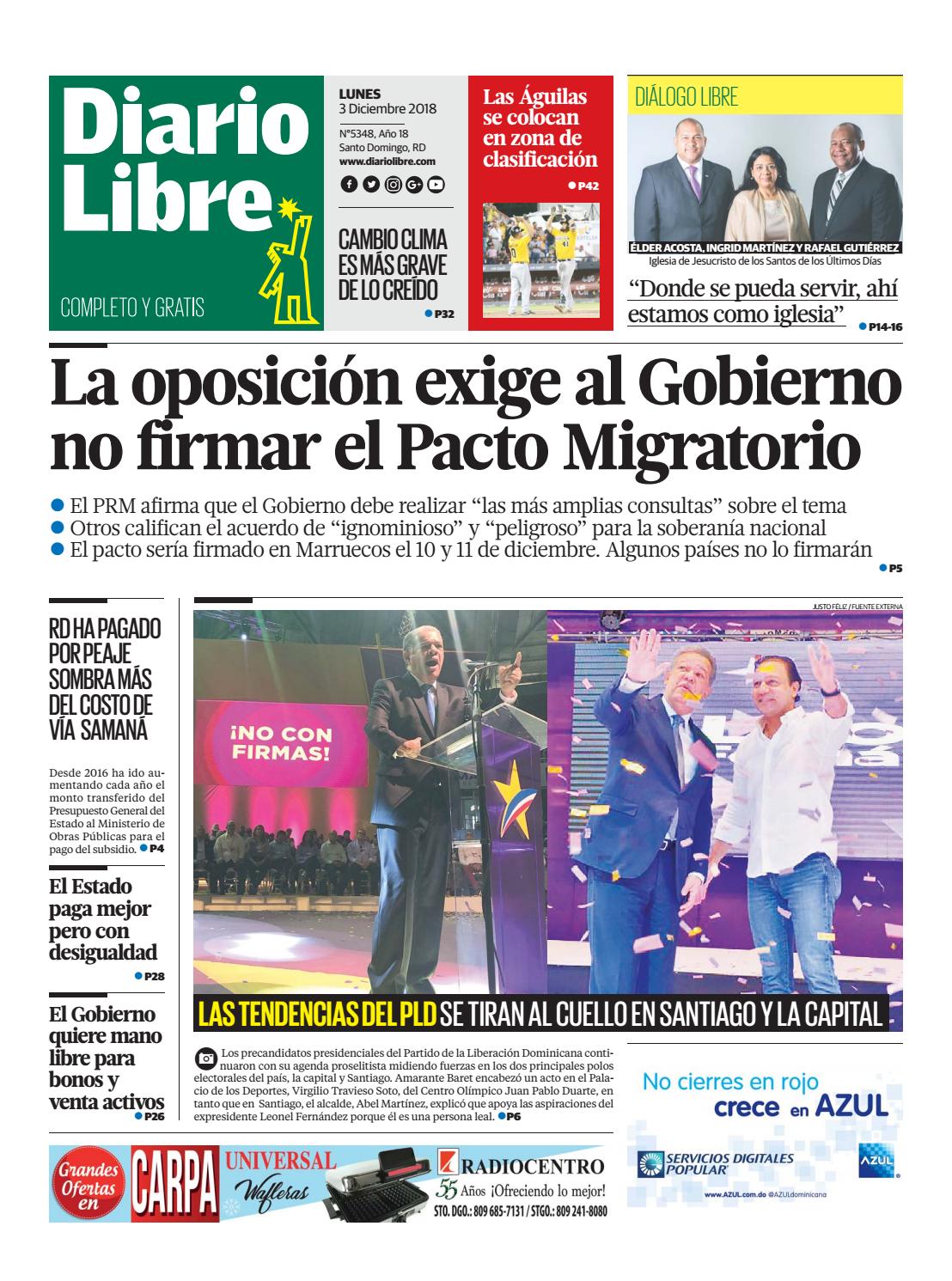 Portada Periódico Diario Libre, Lunes 03 de Diciembre 2018