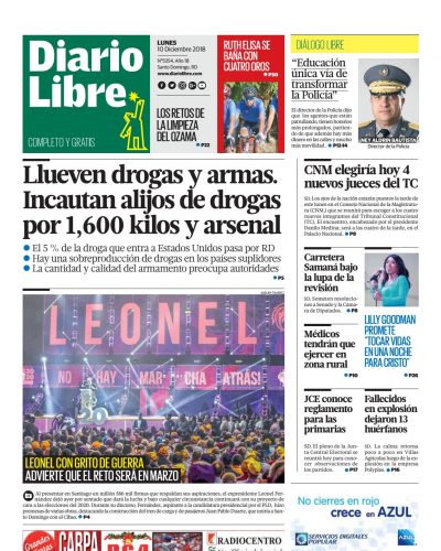 Portada Periódico Diario Libre, Lunes 10 de Diciembre 2018