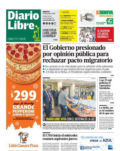 Portada Periódico Diario Libre, Martes 04 de Diciembre 2018