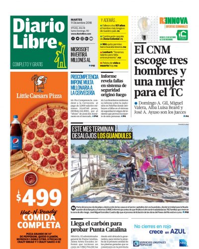 Portada Periódico Diario Libre, Martes 11 de Diciembre 2018