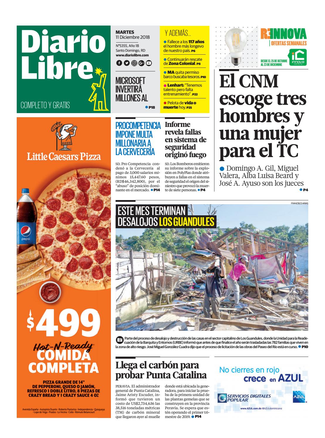 Portada Periódico Diario Libre, Martes 11 de Diciembre 2018