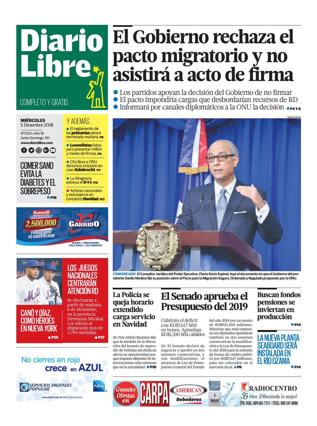 Portada Periódico Diario Libre, Miércoles 05 de Diciembre 2018