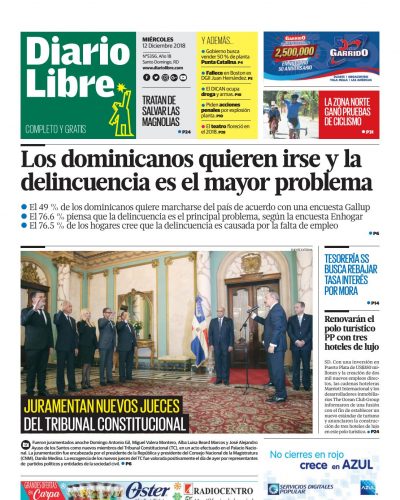 Portada Periódico Diario Libre, Miércoles 12 de Diciembre 2018