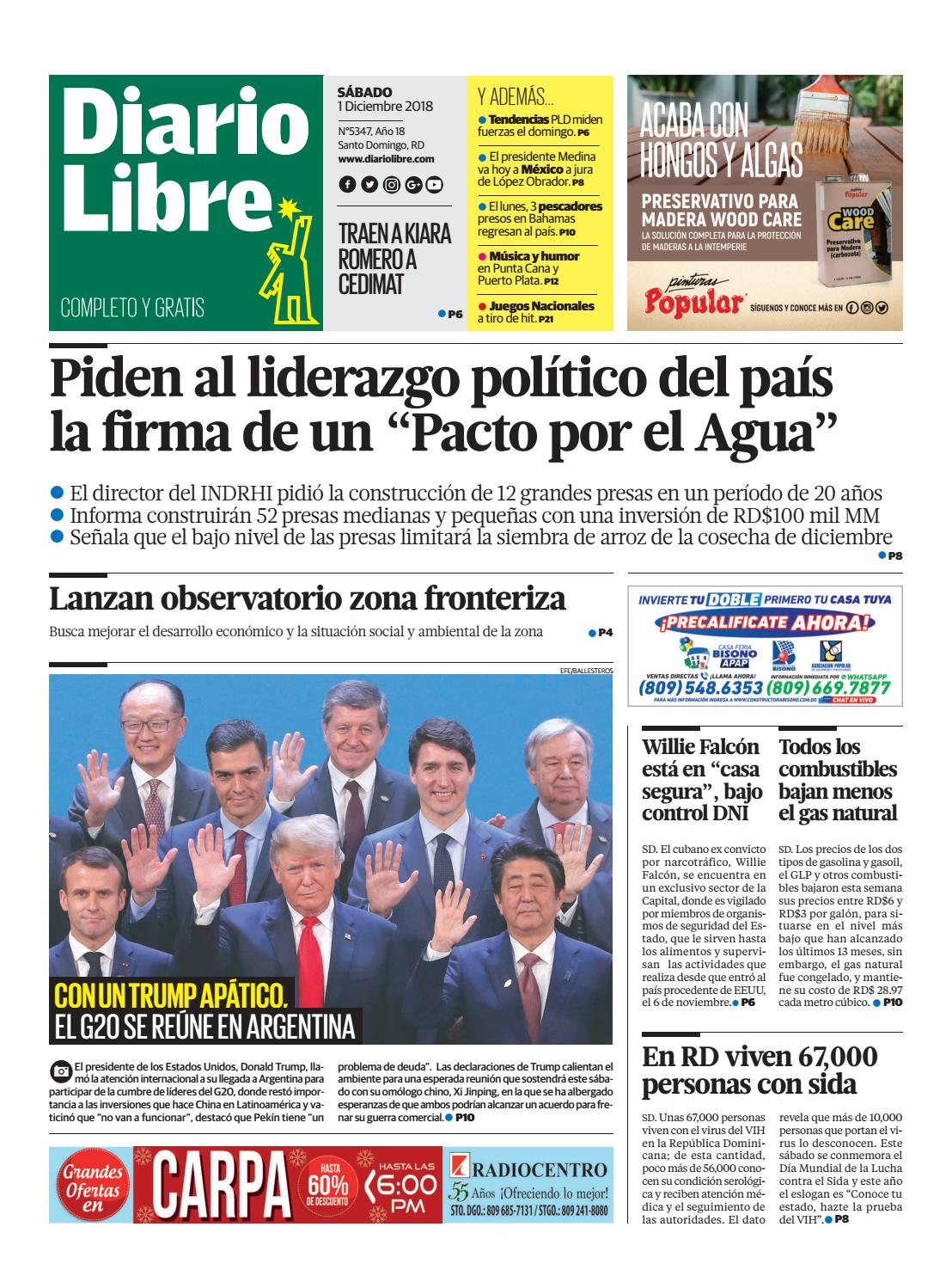 Portada Periódico Diario Libre, Sábado 01 de Diciembre 2018