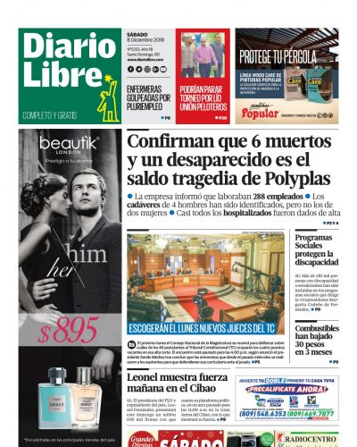 Portada Periódico Diario Libre, Sábado 08 de Diciembre 2018