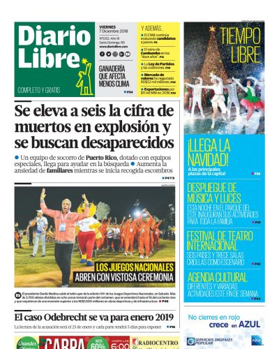 Portada Periódico Diario Libre, Viernes 07 de Diciembre 2018