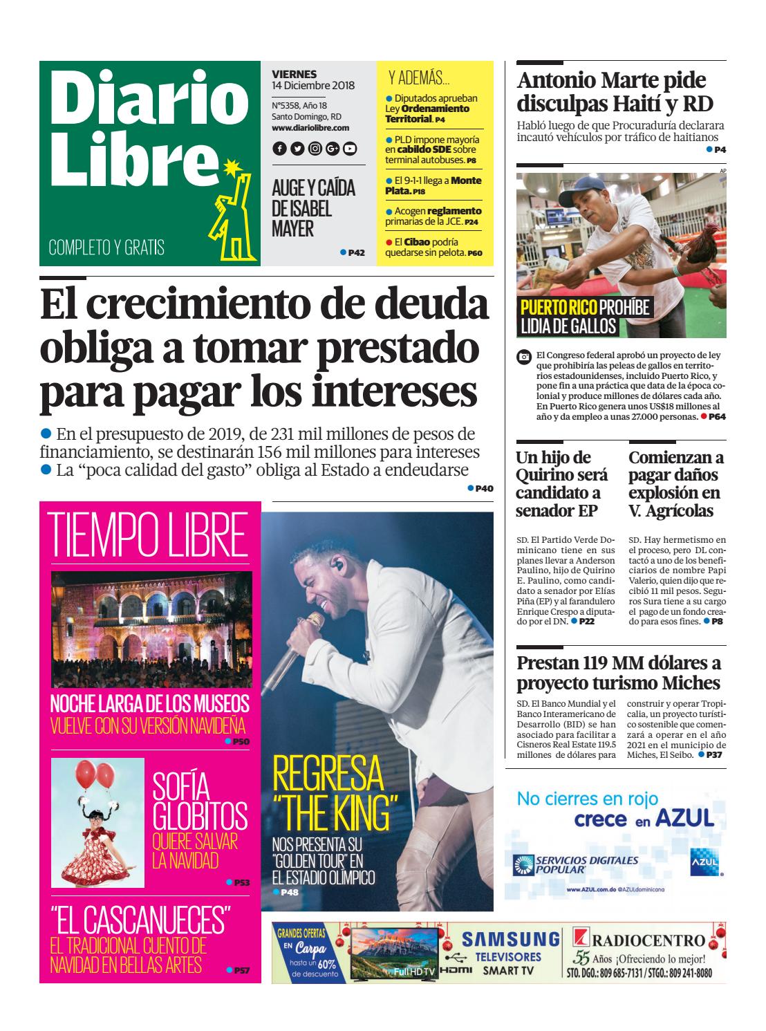 Portada Periódico Diario Libre, Viernes 14 de Diciembre 2018